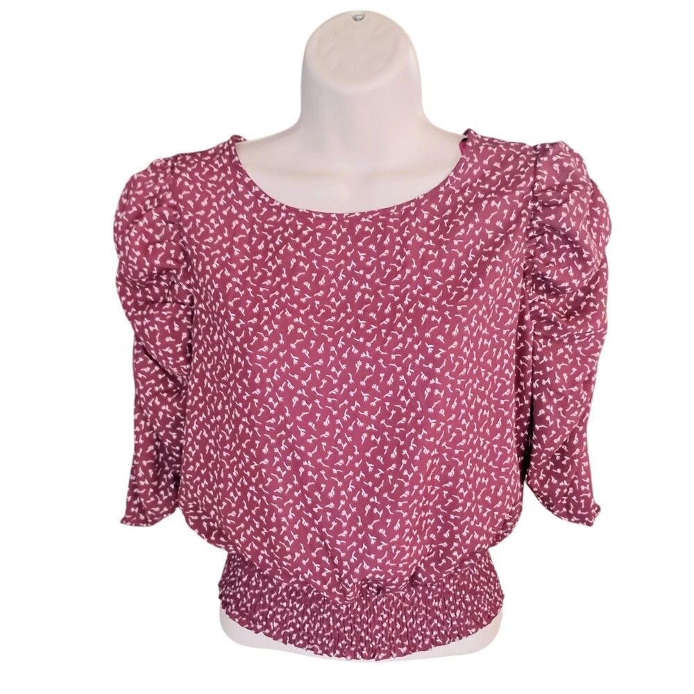 Paper Crane Smocked Blouse Womens S Burgundy Shirring Puff Sleeve Elastic Waist